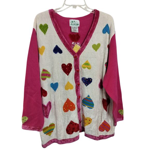 4530) The Quacker Factory Plus Pink Heart Chenille Knitted Novelty Sweater 2X - Picture 1 of 8